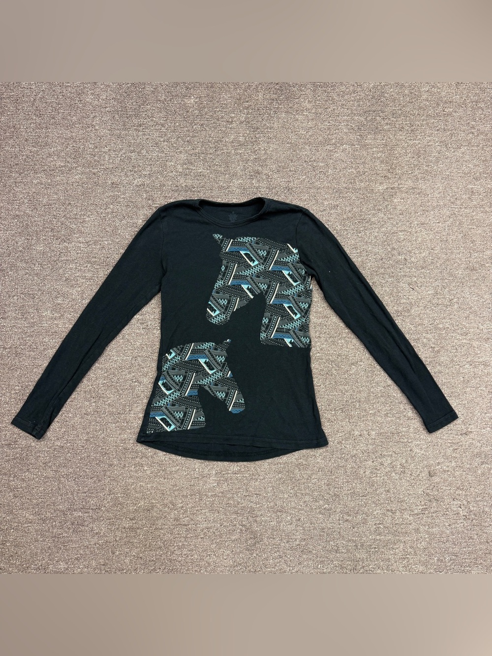 Women’s Small Black Horse Head Long Sleeve Horseback Riding Shirt. Good Conditio